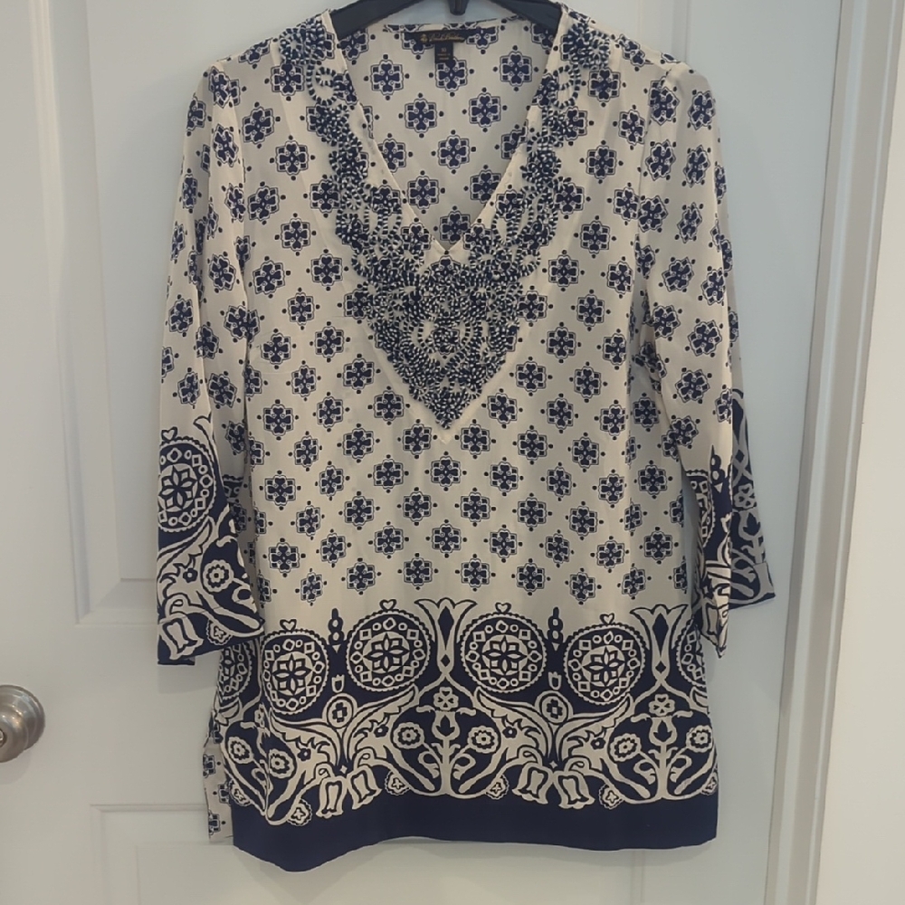 Brooks Brothers Blue Graphic 3/4 Sleeve Silk Tunic In Blue And Creamy White